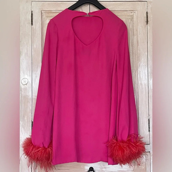 NERVI Penelope Flare-Sleeve Mini Shift Dress w/ Feather Trim - Picture 2 of 9